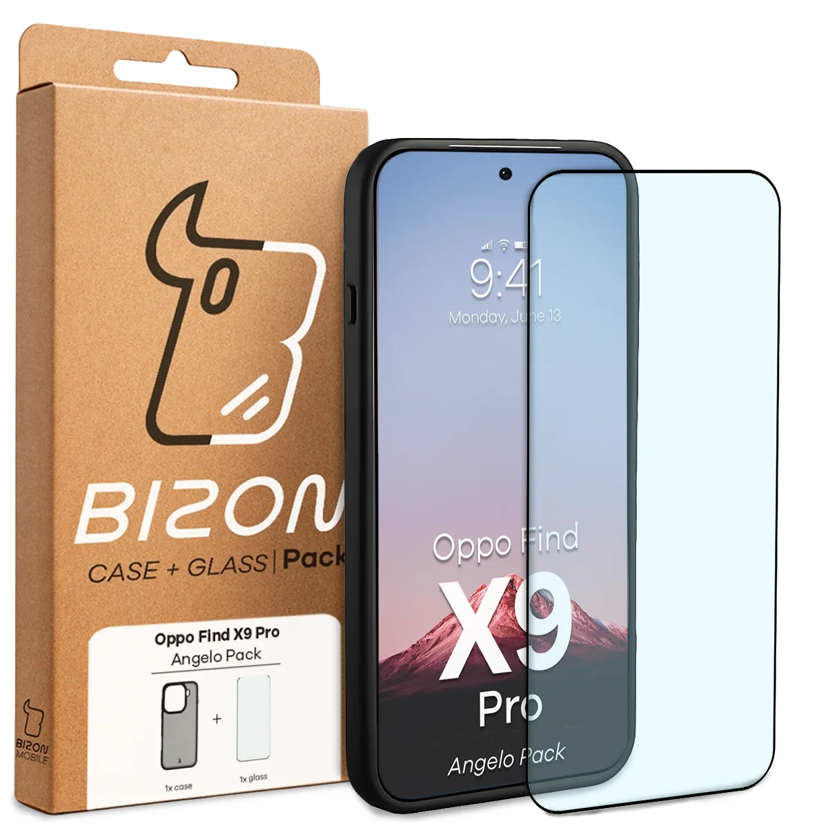 Przód pudełka Bizon Case Angelo Pack z dedykowaną etykietą do Oppo Find X9 Pro