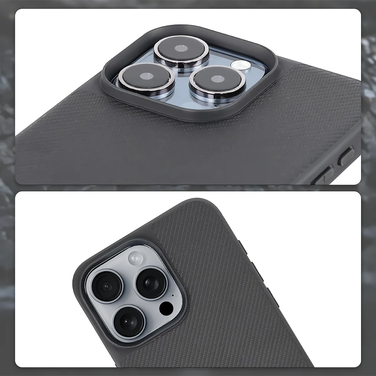 Podniesione krawędzie aparatu i wycięcie na aparat w etui Bizon Case CarbO do Apple iPhone 15 Pro Max