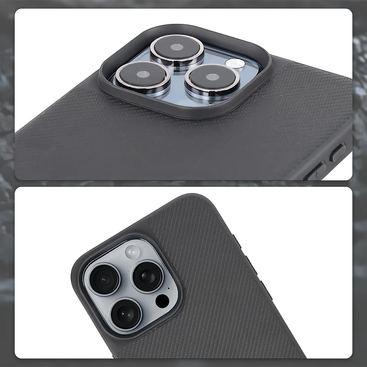 Podniesione krawędzie aparatu i wycięcie na aparat w etui Bizon Case CarbO do Apple iPhone 15 Pro Max