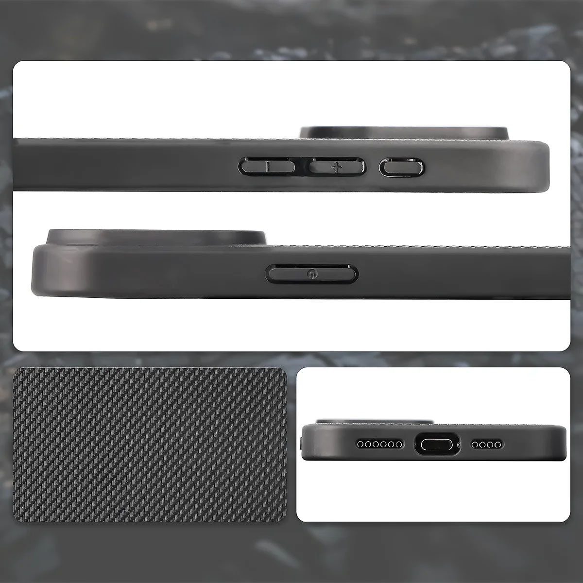 Wycięcia, zintegrowane osłony i struktura etui Bizon Case CarbO do Apple iPhone 15 Pro Max