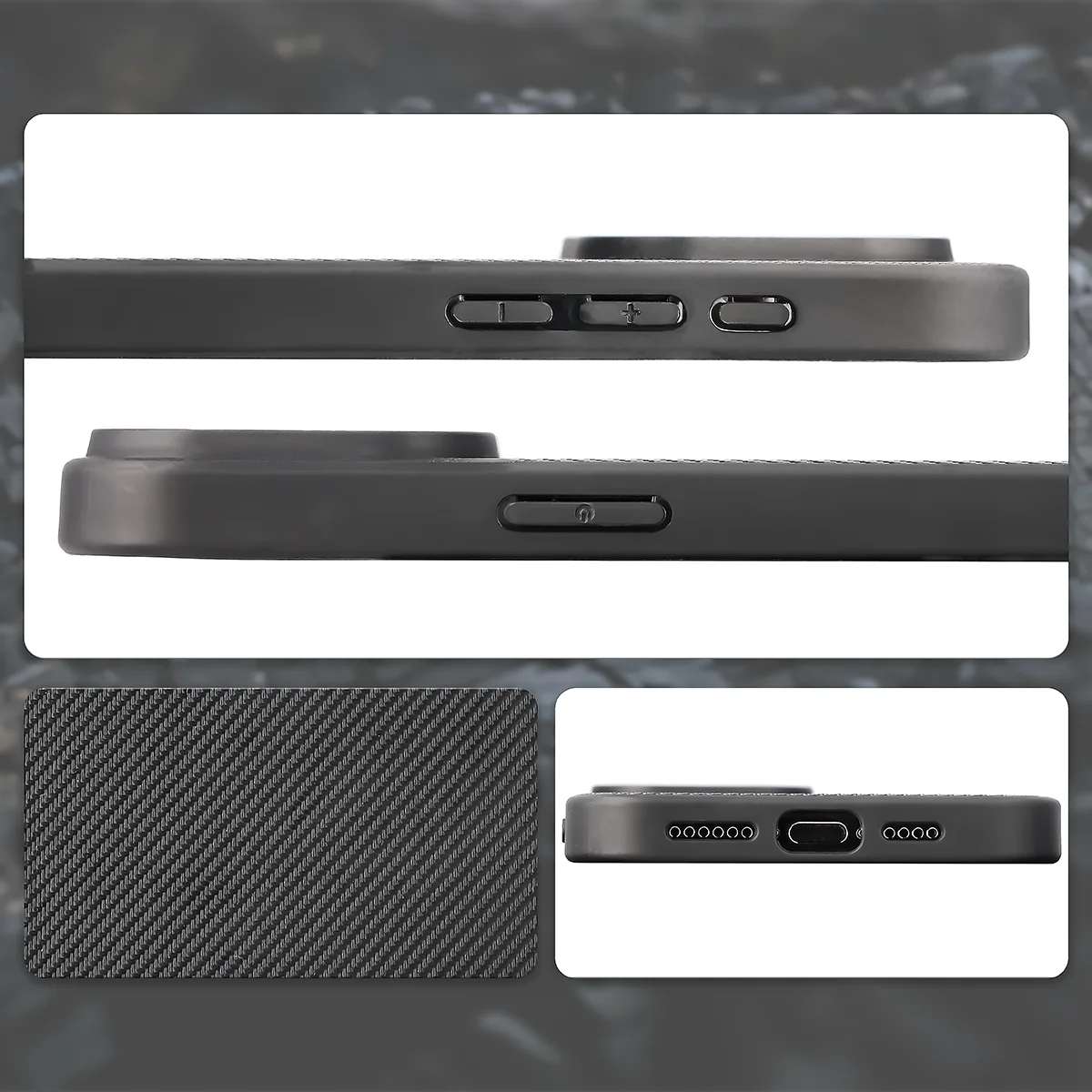 Wycięcia, zintegrowane osłony i struktura etui Bizon Case CarbO do Apple iPhone 15 Pro Max