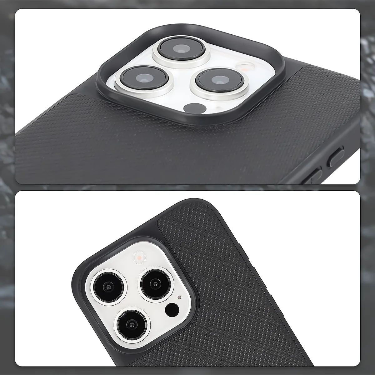 Podniesione krawędzie aparatu i wycięcie na aparat w etui Bizon Case CarbO do Apple iPhone 15 Pro