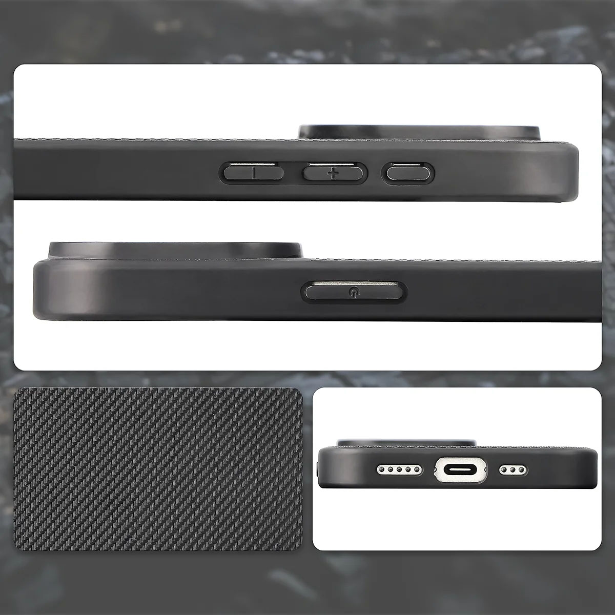 Wycięcia, zintegrowane osłony i struktura etui Bizon Case CarbO do Apple iPhone 15 Pro
