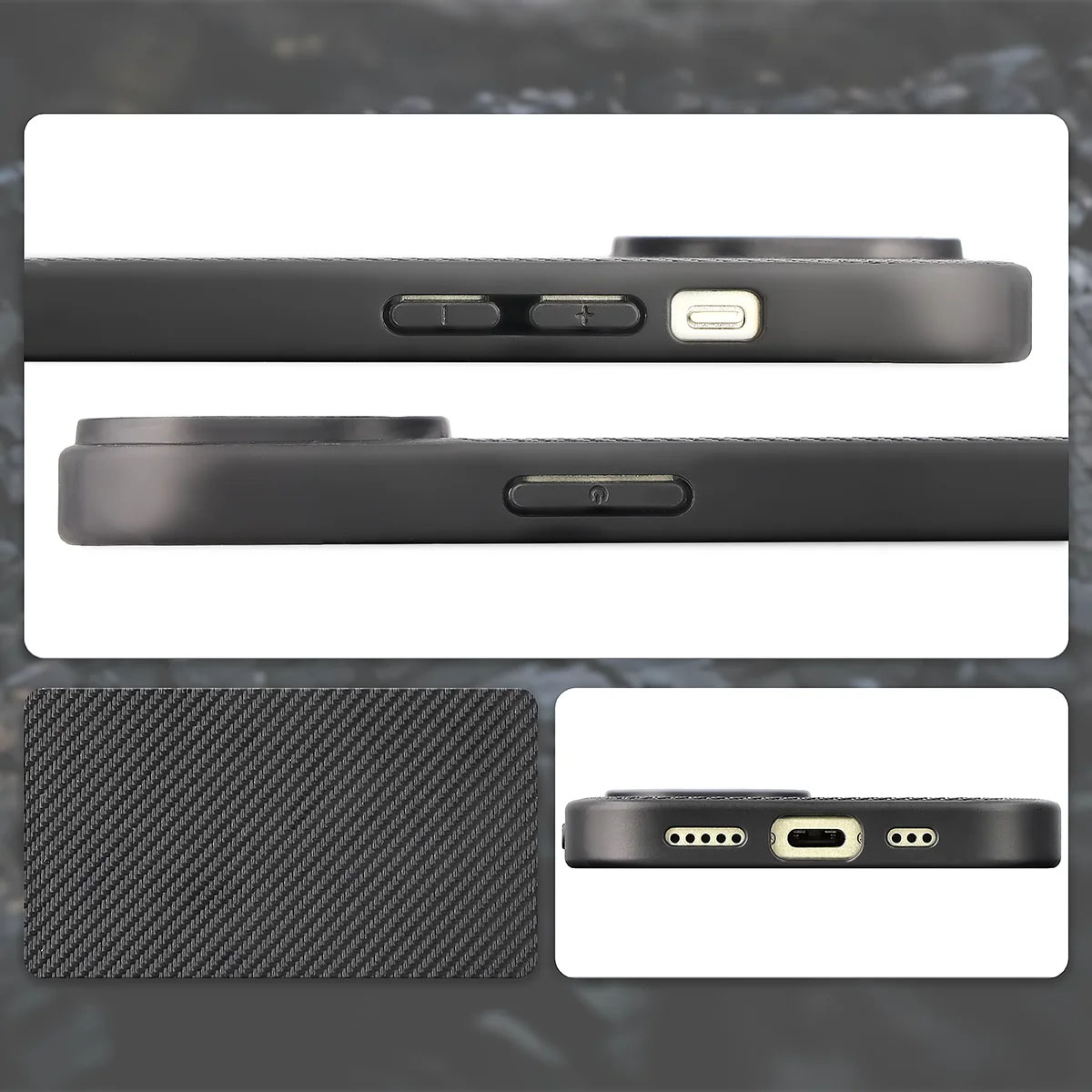 Wycięcia, zintegrowane osłony i struktura etui Bizon Case CarbO do Apple iPhone 15