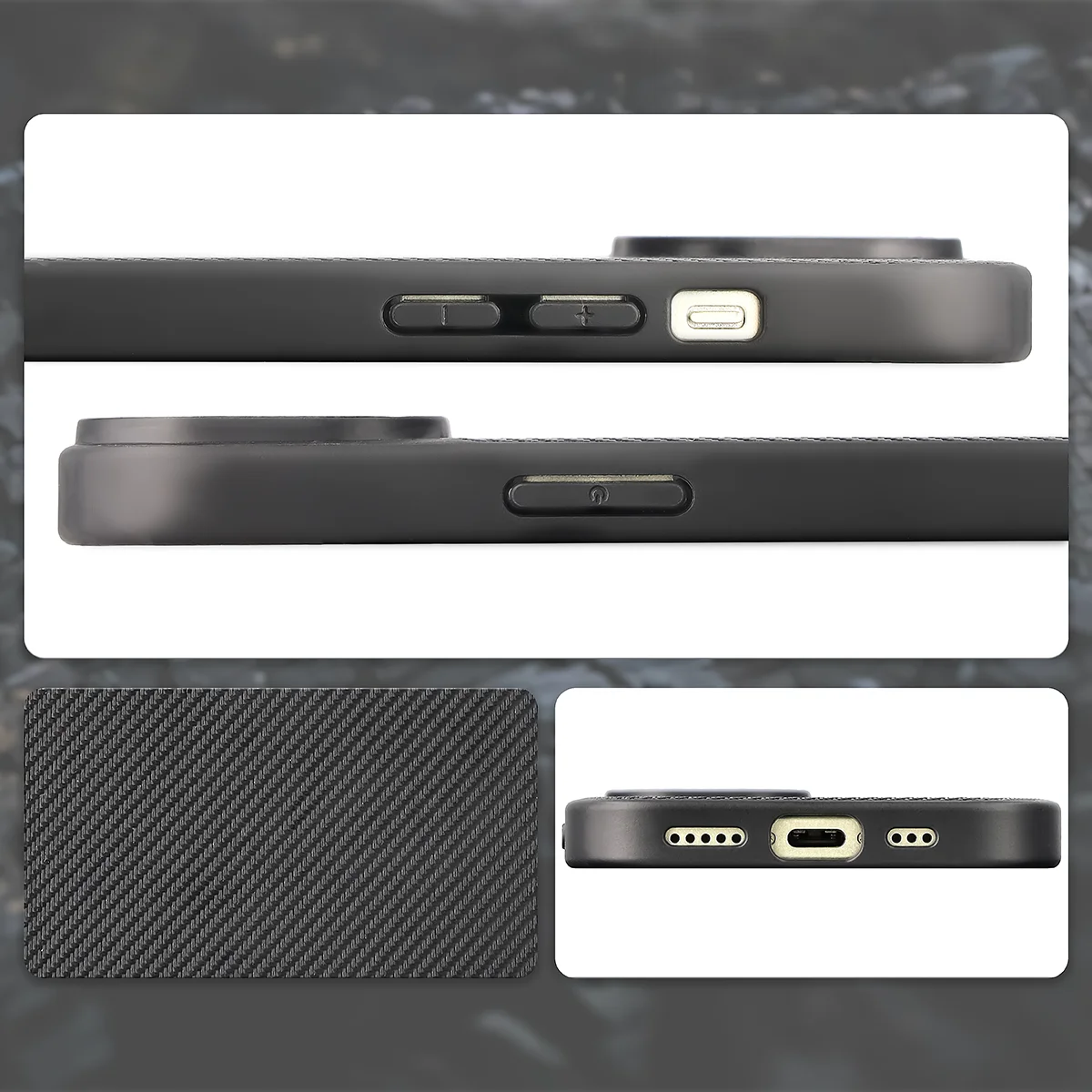 Wycięcia, zintegrowane osłony i struktura etui Bizon Case CarbO do Apple iPhone 15