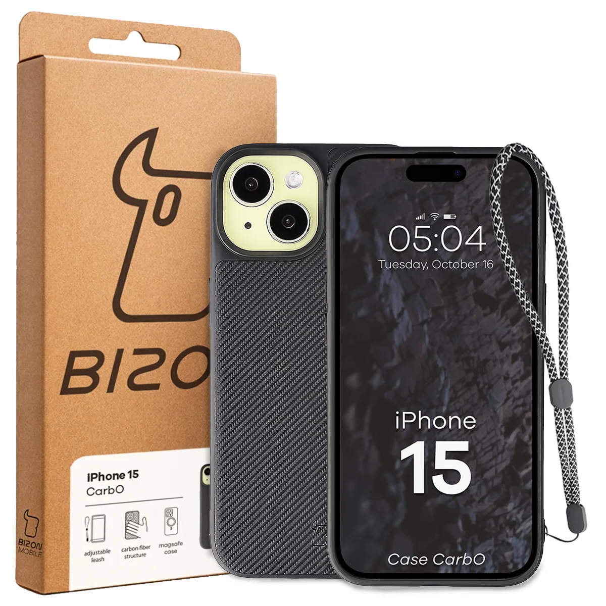 Przód pudełka Bizon Case z dedykowaną etykietą do Apple iPhone 15