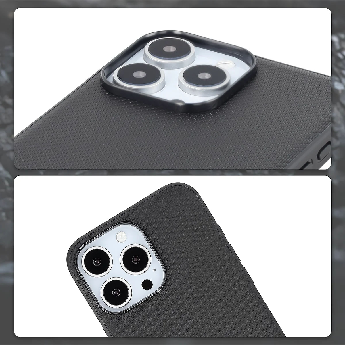 Podniesione krawędzie aparatu i wycięcie na aparat w etui Bizon Case CarbO do Apple iPhone 16 Pro Max