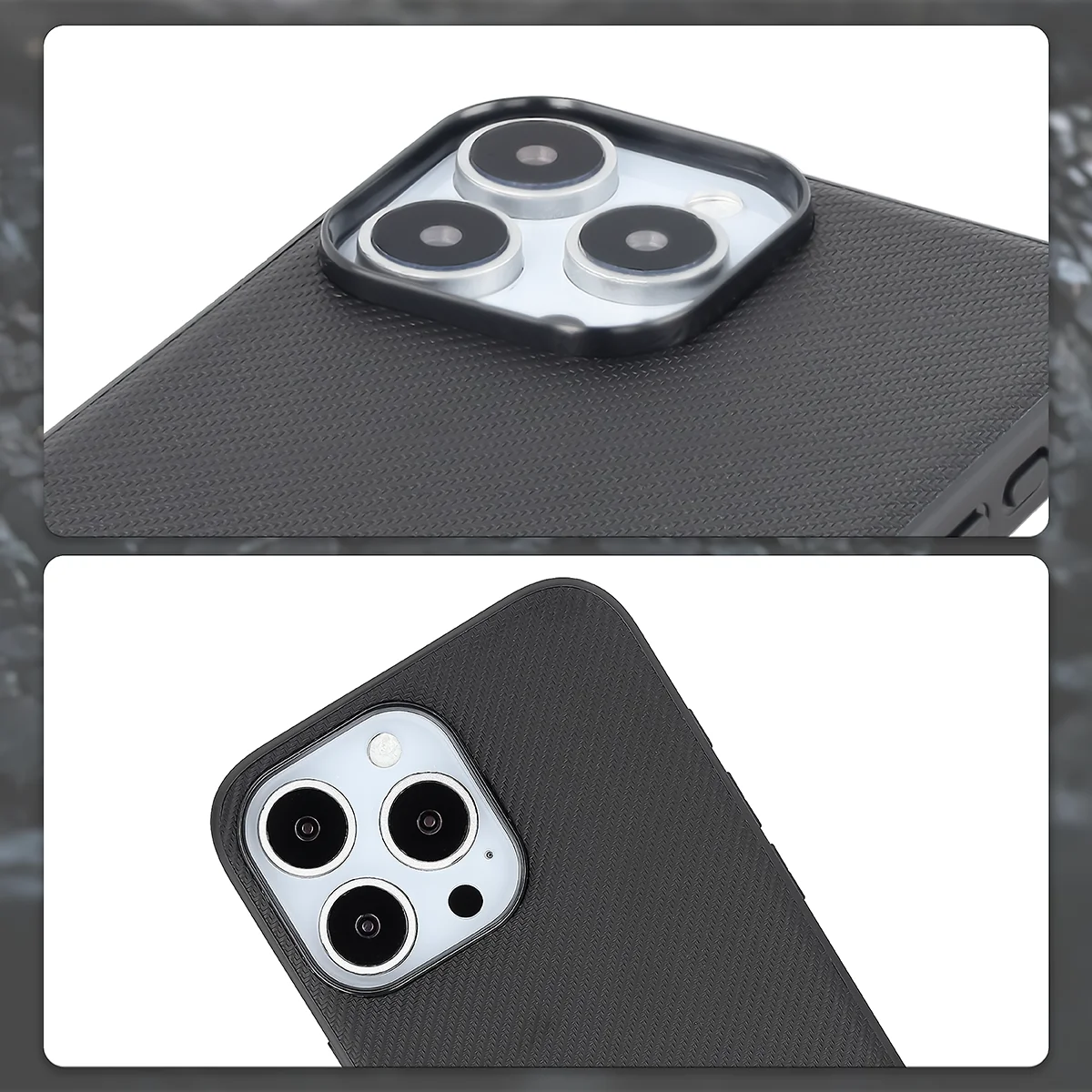 Podniesione krawędzie aparatu i wycięcie na aparat w etui Bizon Case CarbO do Apple iPhone 16 Pro Max