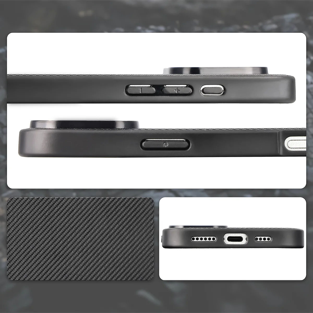 Wycięcia, zintegrowane osłony i struktura etui Bizon Case CarbO do Apple iPhone 16 Pro Max
