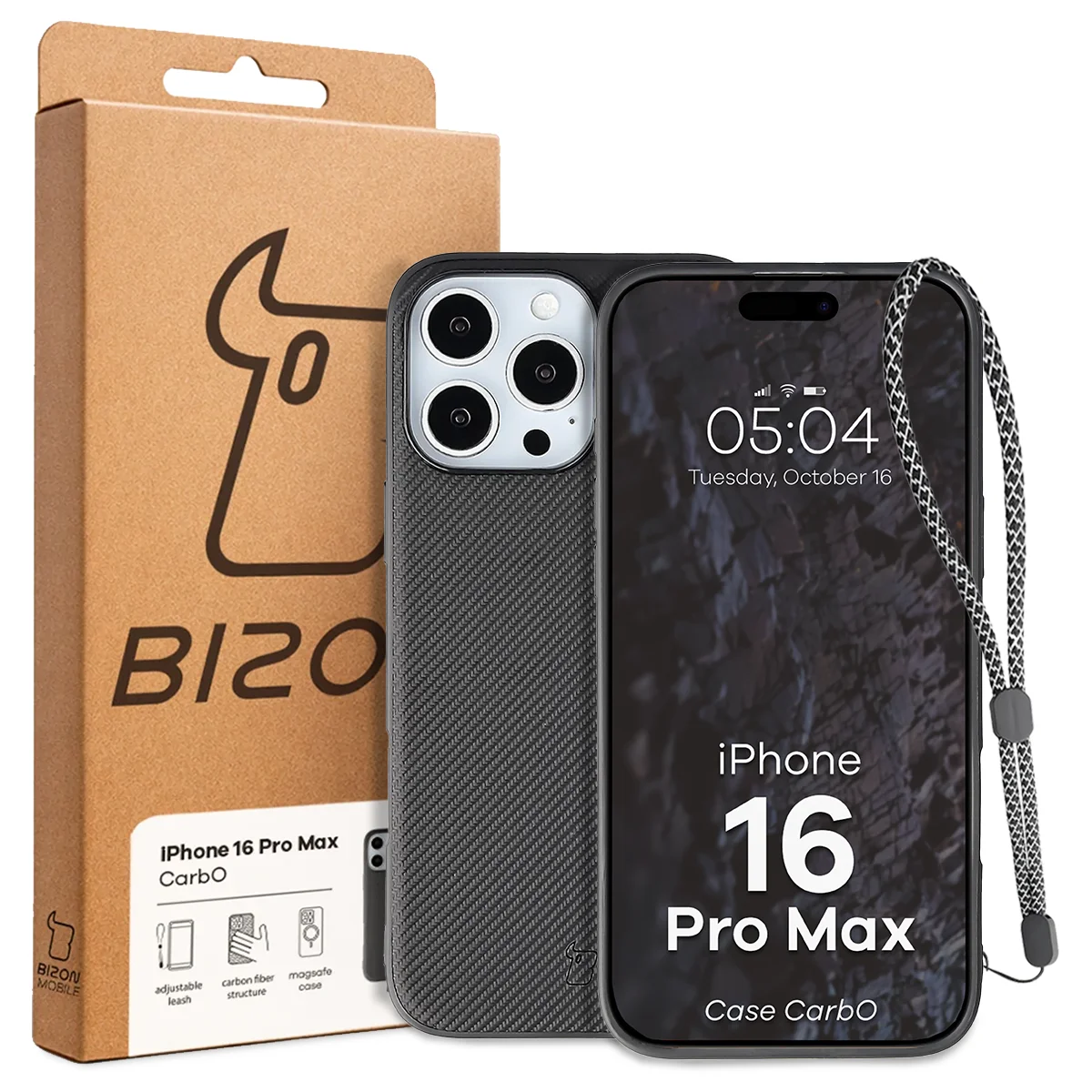 Przód pudełka Bizon Case z dedykowaną etykietą do Apple iPhone 16 Pro Max