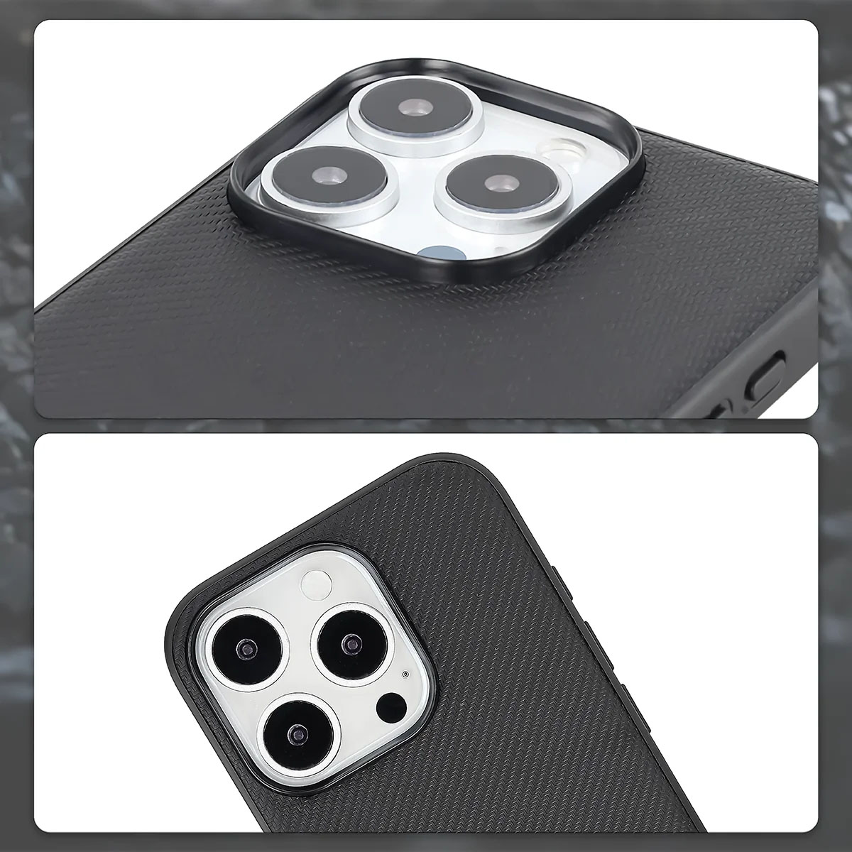 Podniesione krawędzie aparatu i wycięcie na aparat w etui Bizon Case CarbO do Apple iPhone 16 Pro