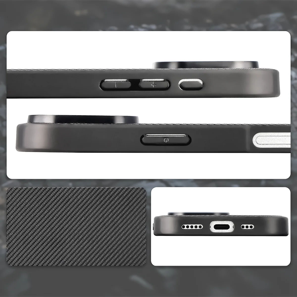 Wycięcia, zintegrowane osłony i struktura etui Bizon Case CarbO do Apple iPhone 16 Pro