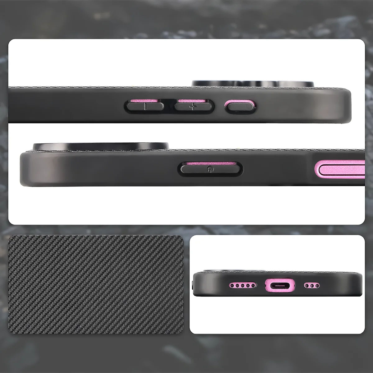 Wycięcia, zintegrowane osłony i struktura etui Bizon Case CarbO do Apple iPhone 16