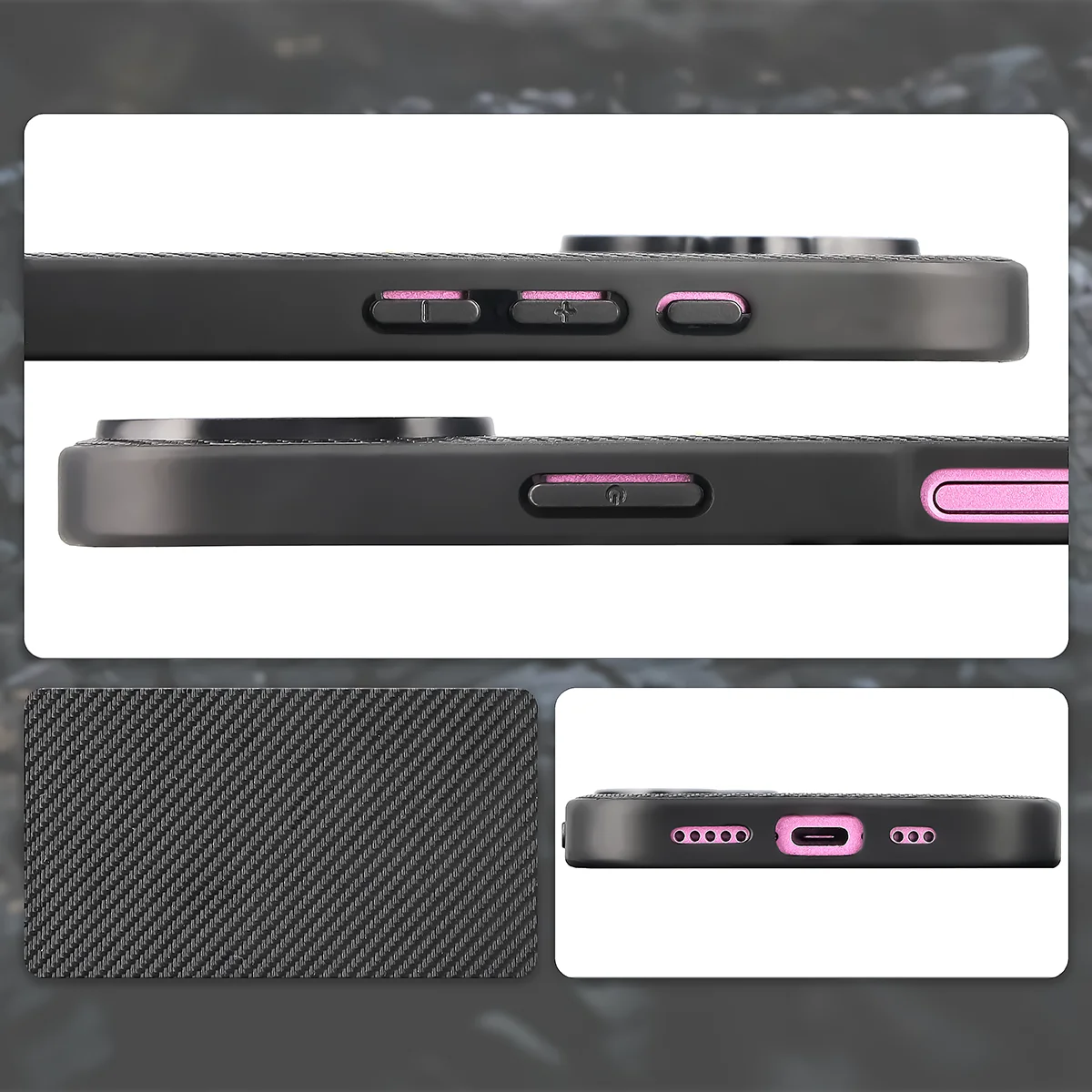 Wycięcia, zintegrowane osłony i struktura etui Bizon Case CarbO do Apple iPhone 16