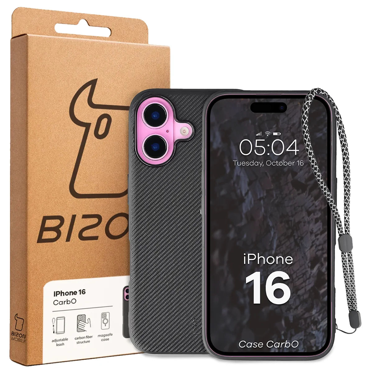 Przód pudełka Bizon Case z dedykowaną etykietą do Apple iPhone 16