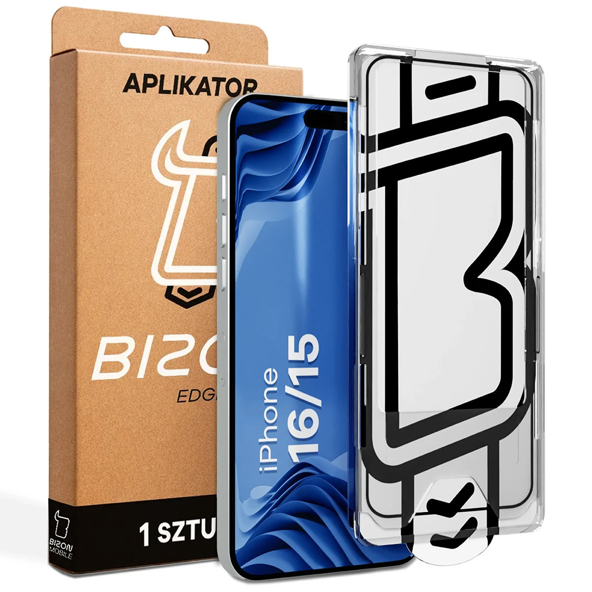 Szkło z aplikatorem Bizon Glass Aplikator Edge dla Apple iPhone 15 / Apple iPhone 16