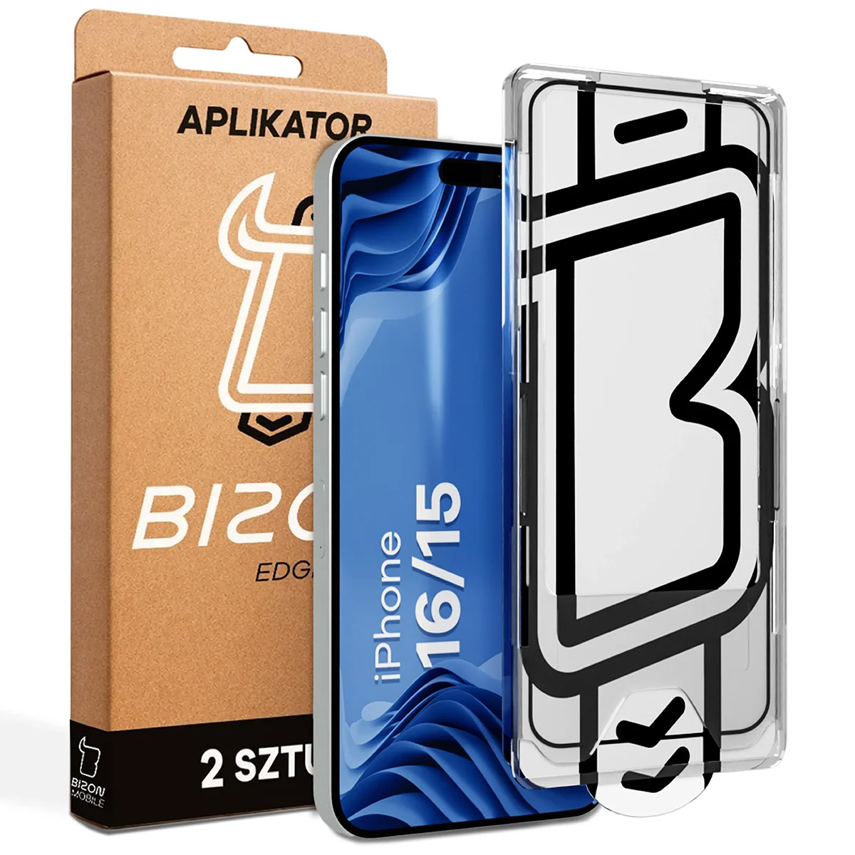 Szkło z aplikatorem Bizon Glass Aplikator Edge dla Apple iPhone 15 / Apple iPhone 16