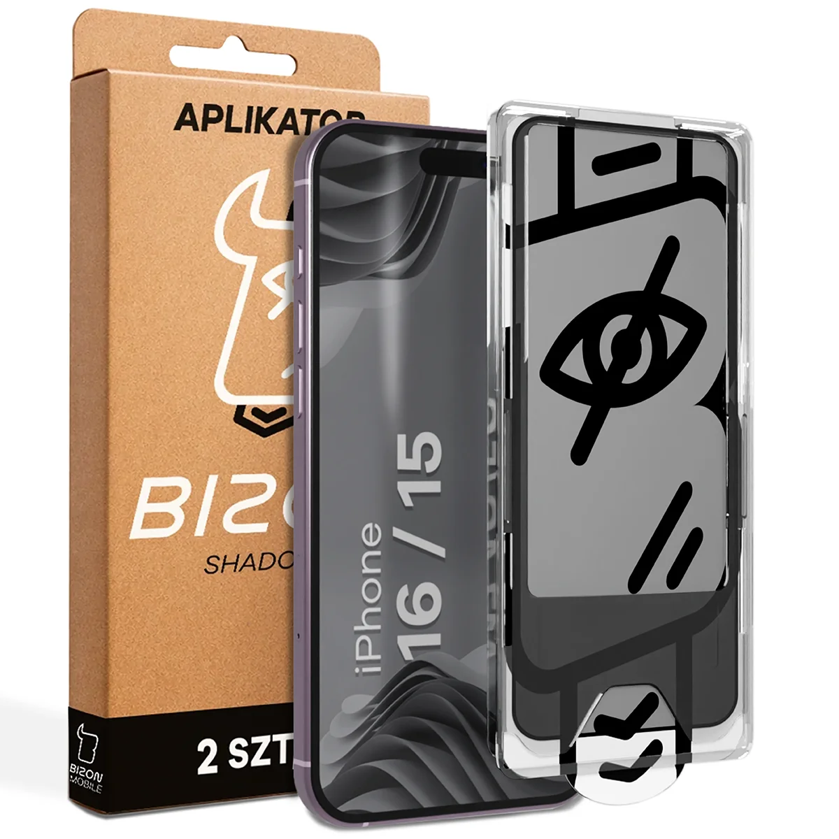 Szkło prywatyzujące z aplikatorem Bizon Glass Aplikator Shadow dla Apple iPhone 15 / Apple iPhone 16