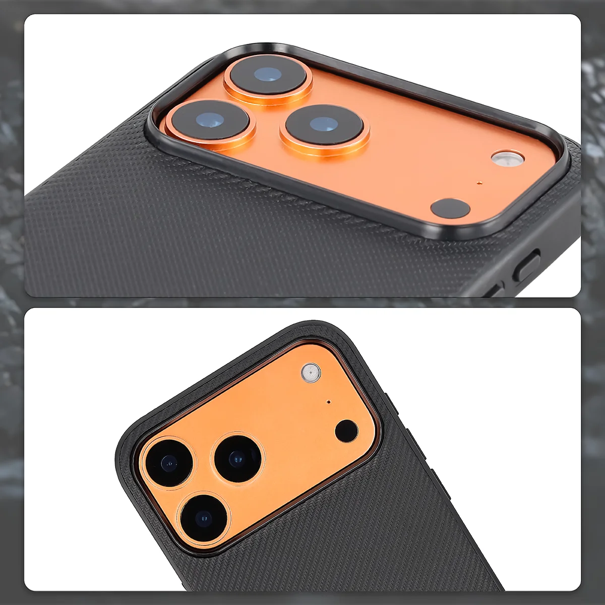 Podniesione krawędzie aparatu i wycięcie na aparat w etui Bizon Case CarbO do Apple iPhone 18 Pro Max / 17 Pro Max