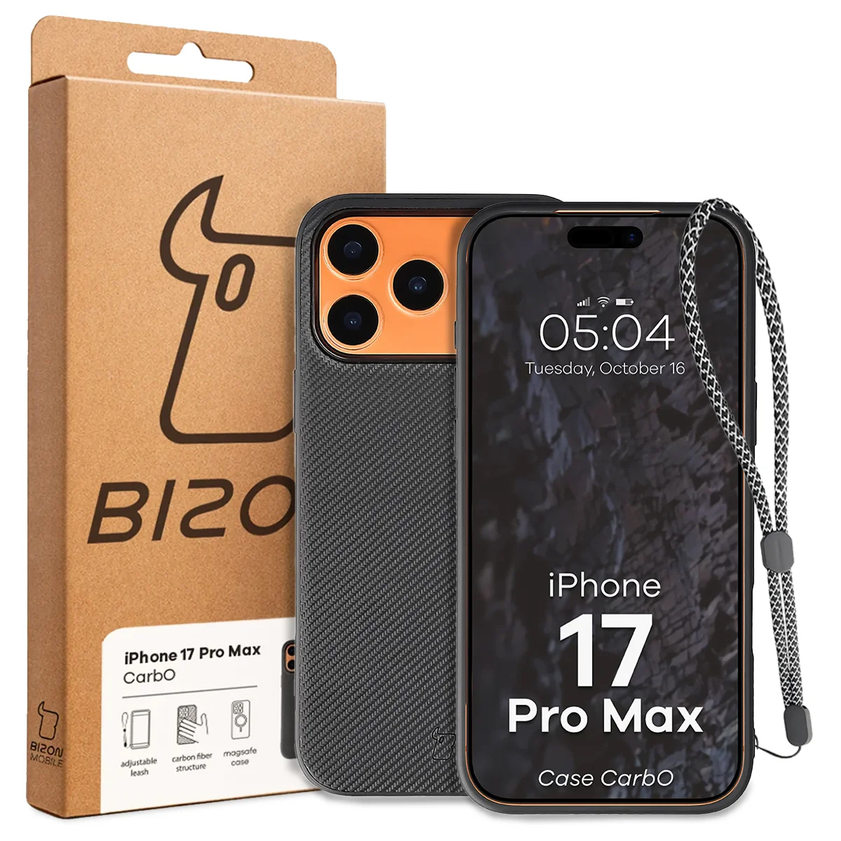 Przód pudełka Bizon Case z dedykowaną etykietą do Apple iPhone 17 Pro Max