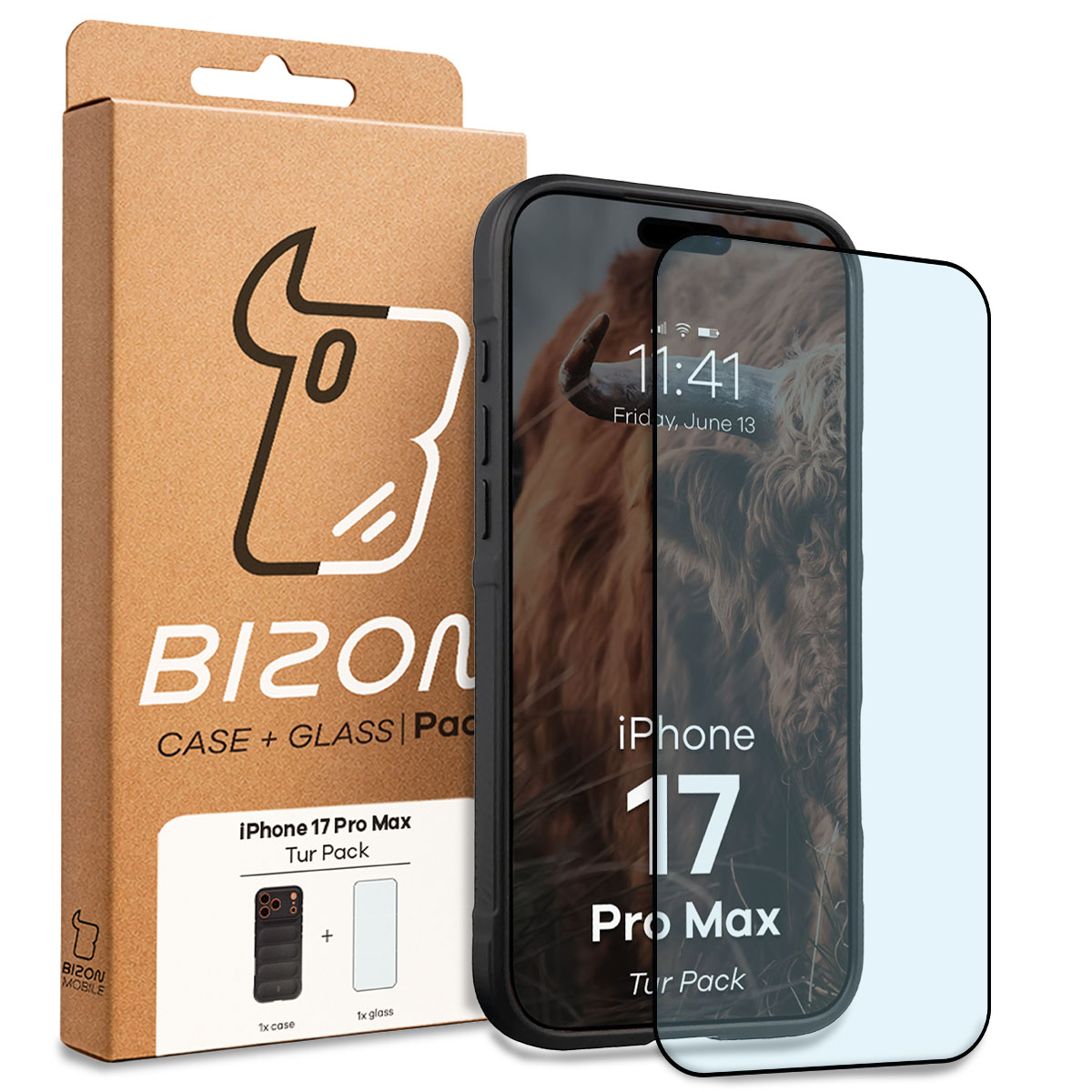 Przód pudełka Bizon Tur Pack z dedykowaną etykietą do Apple iPhone 17 Pro Max