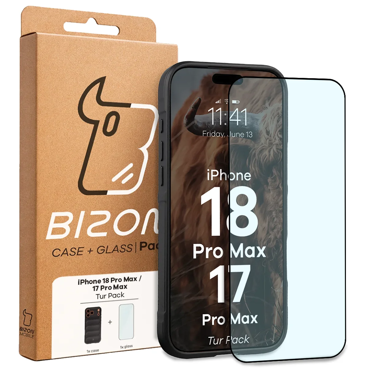 Przód pudełka Bizon Tur Pack z dedykowaną etykietą do Apple iPhone 18 Pro Max / 17 Pro Max