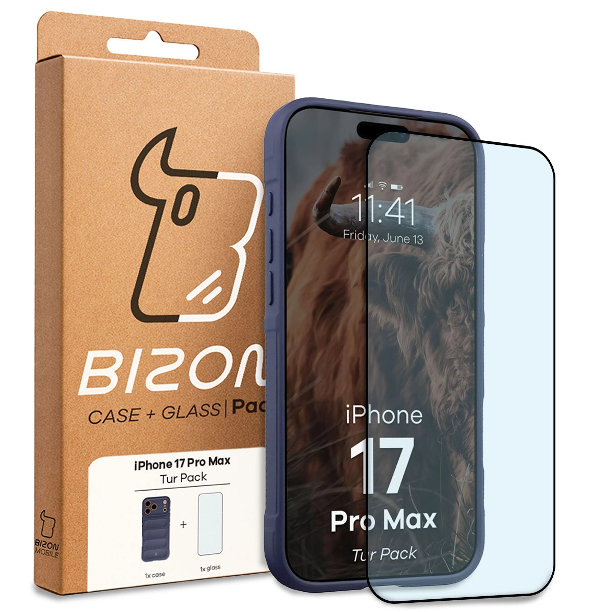 Przód pudełka Bizon Tur Pack z dedykowaną etykietą do Apple iPhone 17 Pro Max