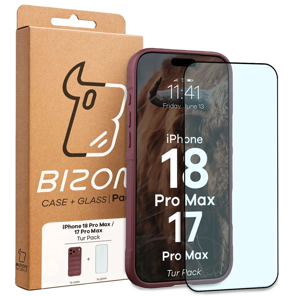 Przód pudełka Bizon Tur Pack z dedykowaną etykietą do Apple iPhone 18 Pro Max / 17 Pro Max