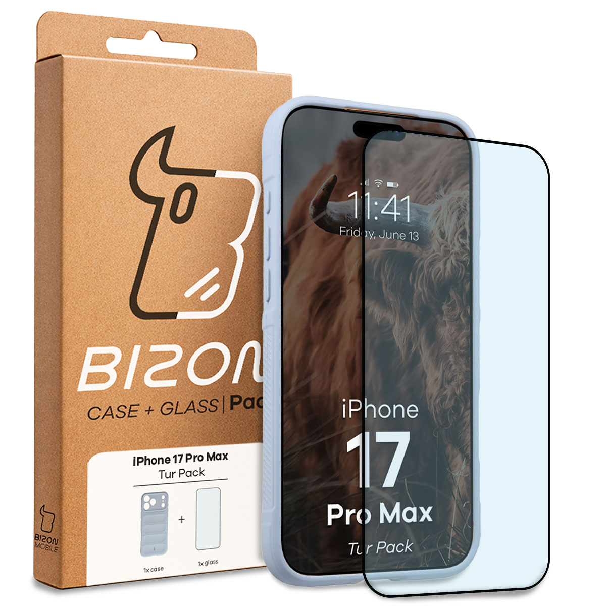 Przód pudełka Bizon Tur Pack z dedykowaną etykietą do Apple iPhone 17 Pro Max