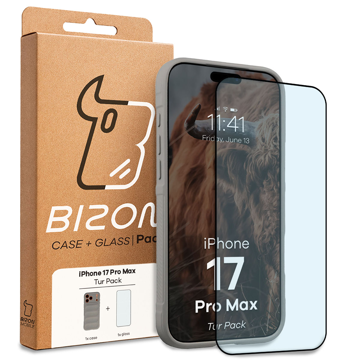 Przód pudełka Bizon Tur Pack z dedykowaną etykietą do Apple iPhone 17 Pro Max