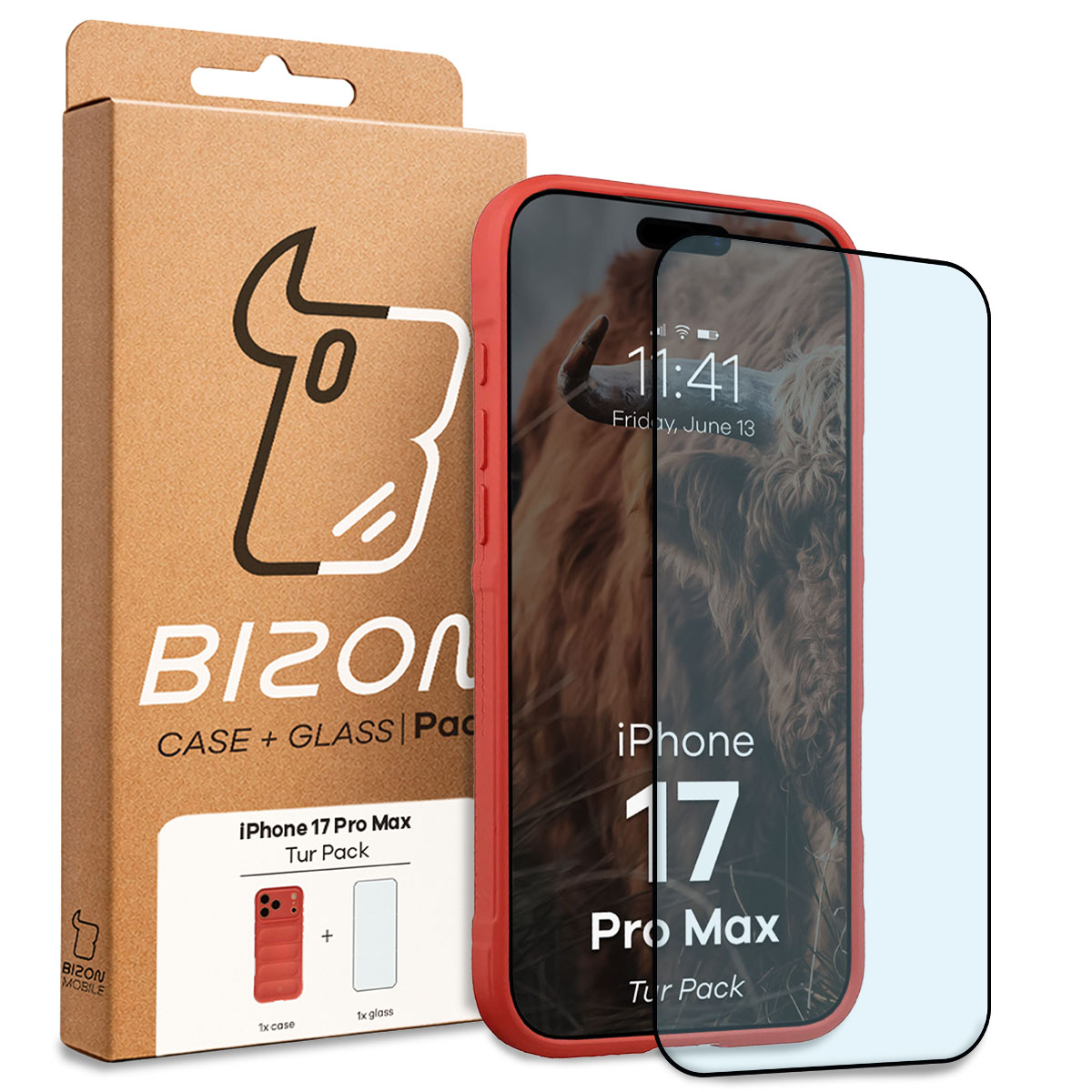 Przód pudełka Bizon Tur Pack z dedykowaną etykietą do Apple iPhone 17 Pro Max