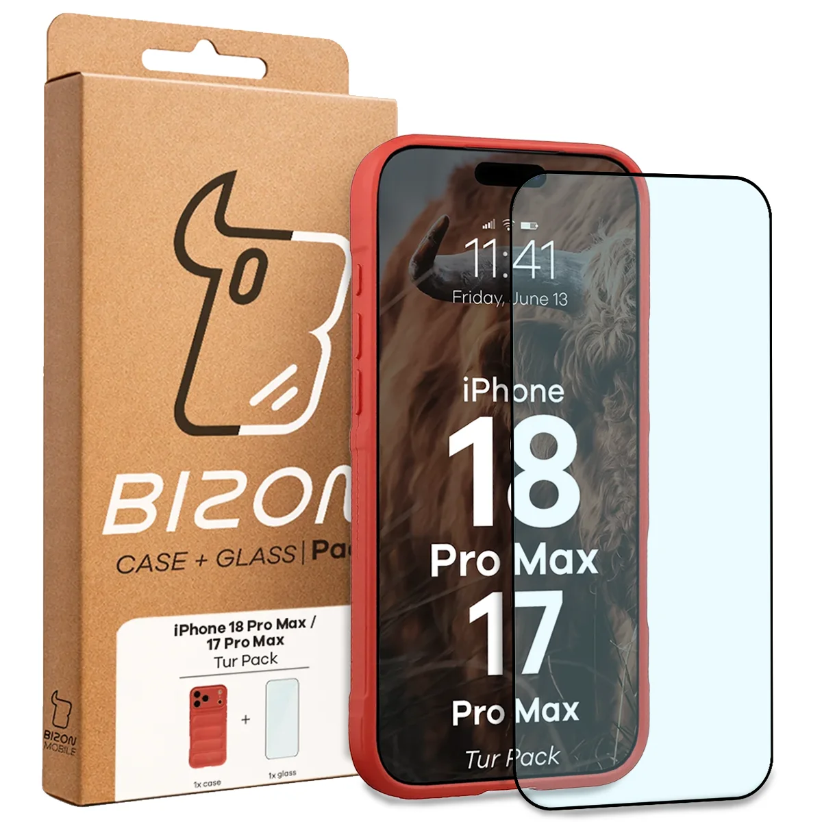 Przód pudełka Bizon Tur Pack z dedykowaną etykietą do Apple iPhone 18 Pro Max / 17 Pro Max