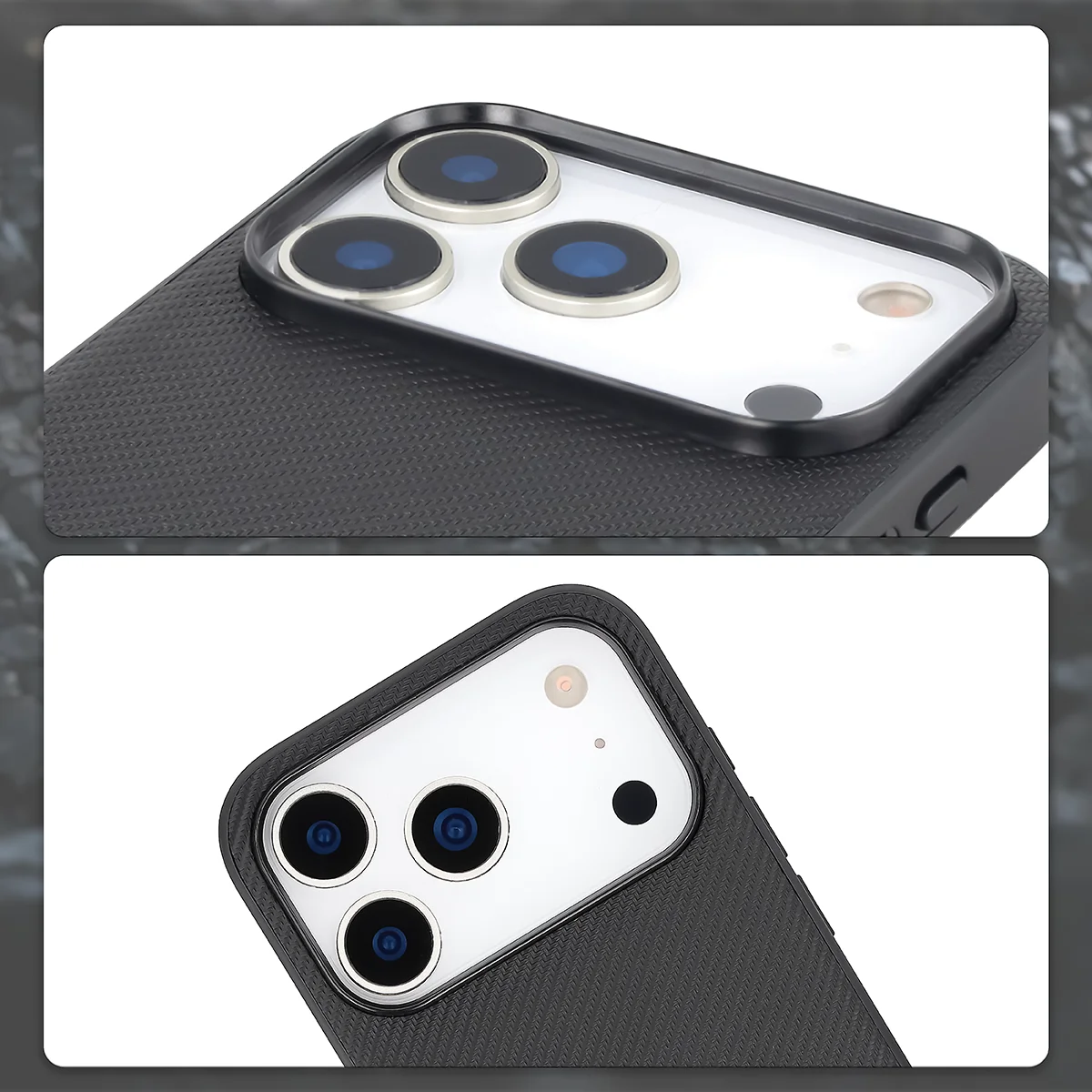 Podniesione krawędzie aparatu i wycięcie na aparat w etui Bizon Case CarbO do Apple iPhone 17 Pro
