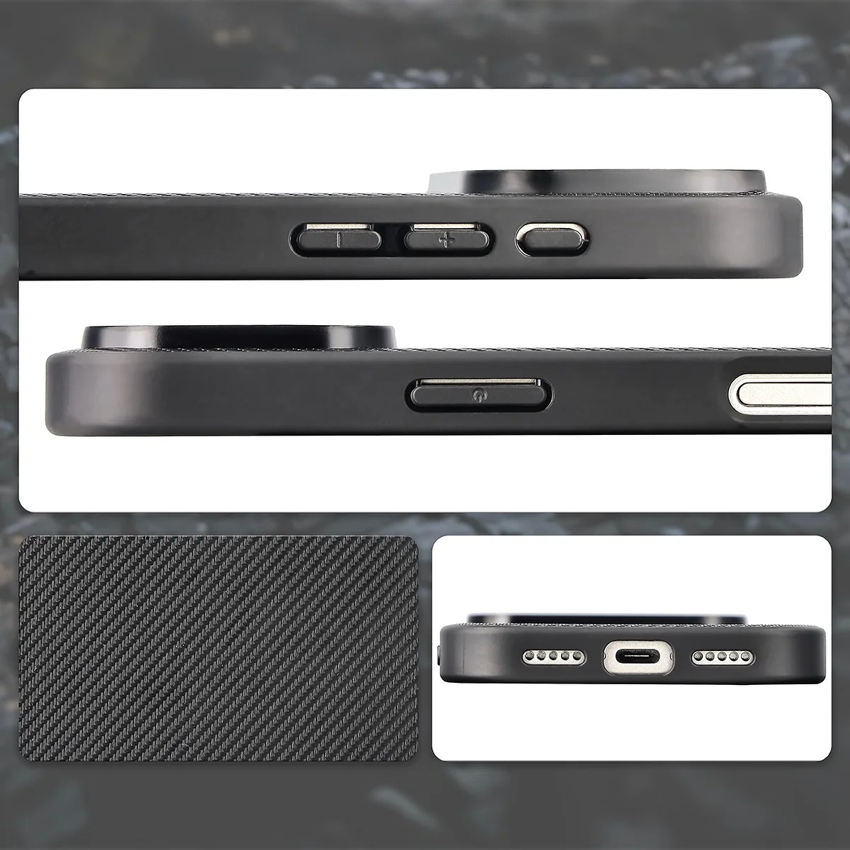 Wycięcia, zintegrowane osłony i struktura etui Bizon Case CarbO do Apple iPhone 17 Pro