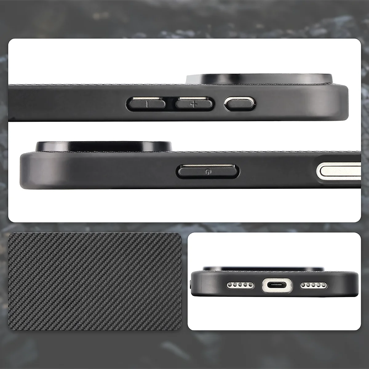 Wycięcia, zintegrowane osłony i struktura etui Bizon Case CarbO do Apple iPhone 17 Pro
