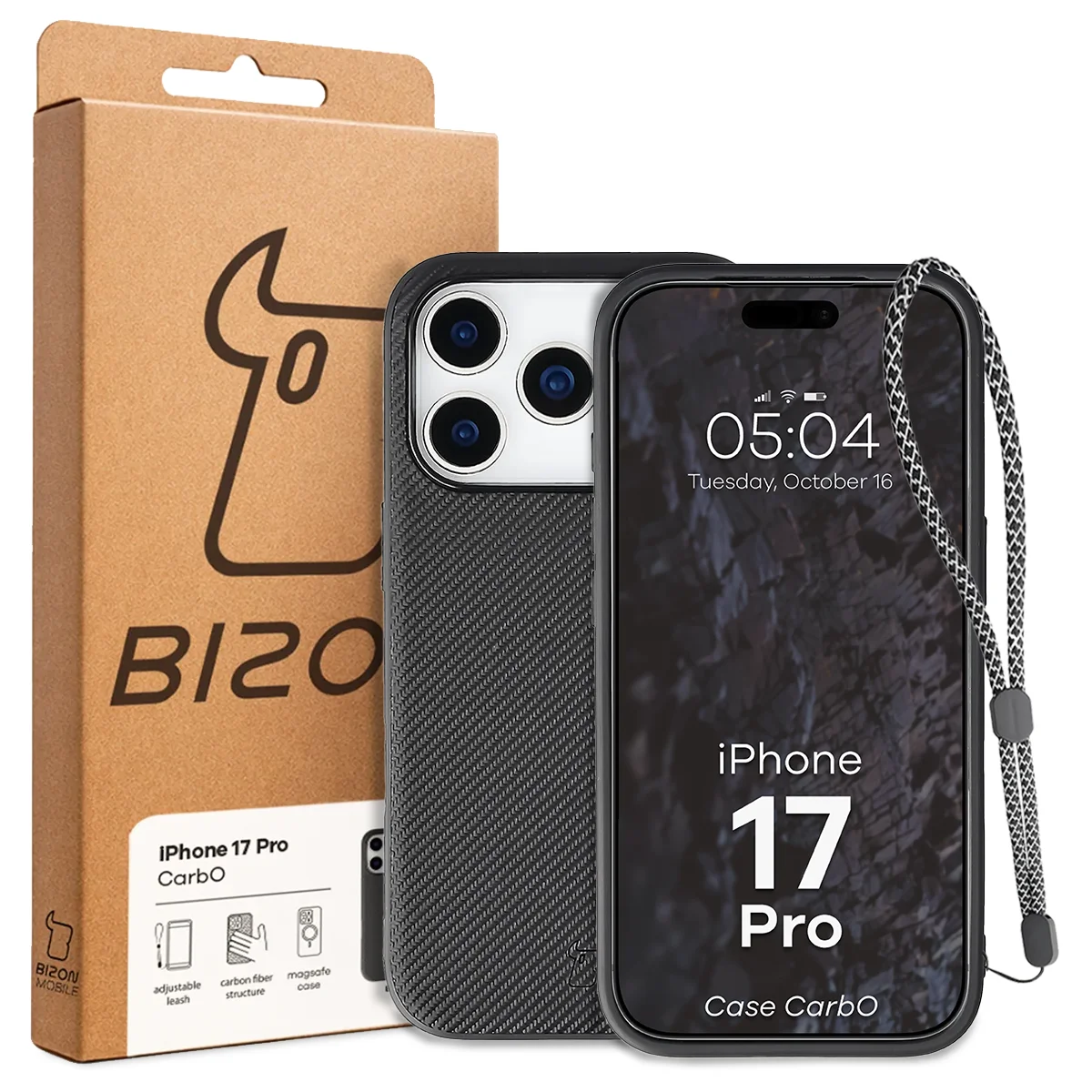 Przód pudełka Bizon Case z dedykowaną etykietą do Apple iPhone 17 Pro