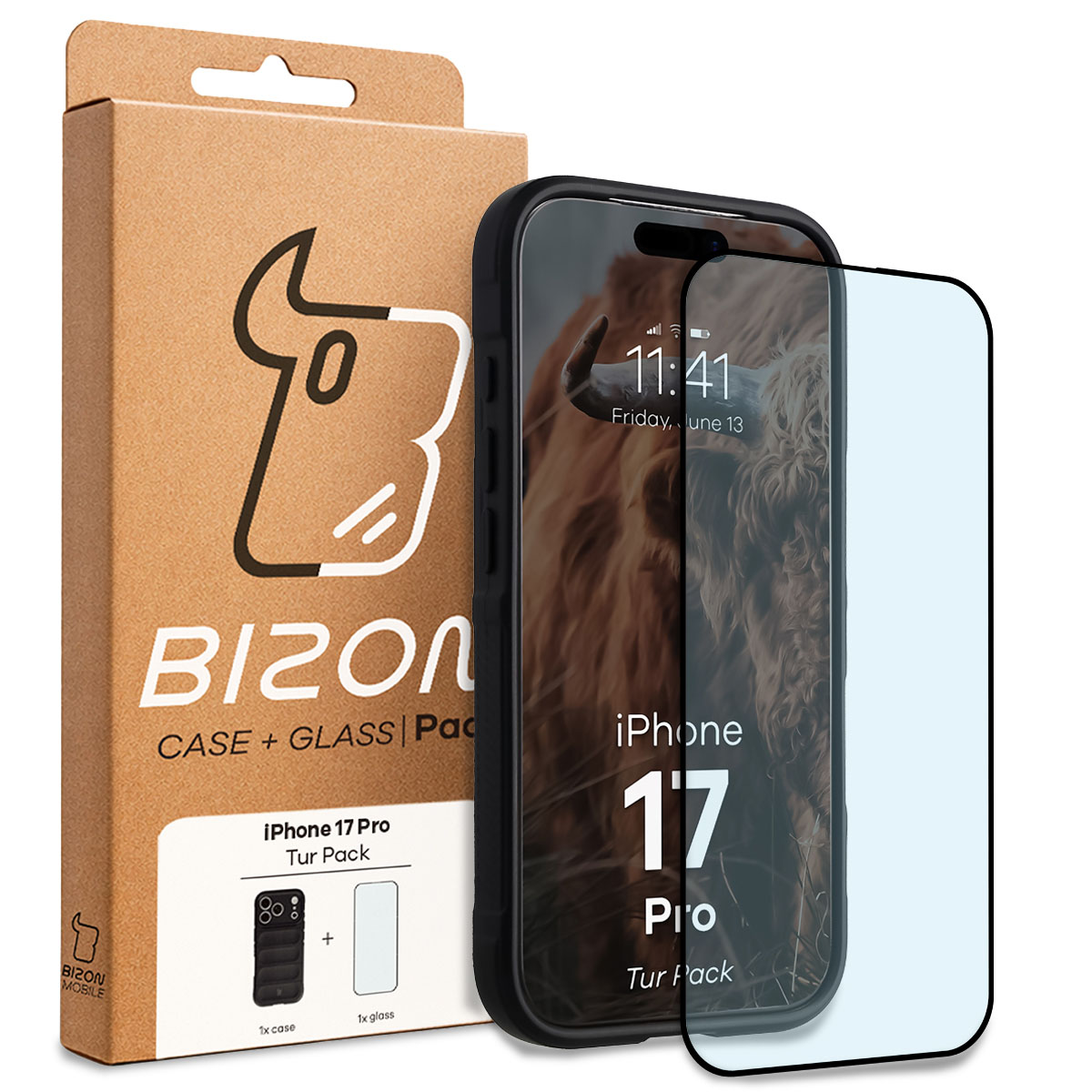 Przód pudełka Bizon Tur Pack z dedykowaną etykietą do Apple iPhone 17 Pro