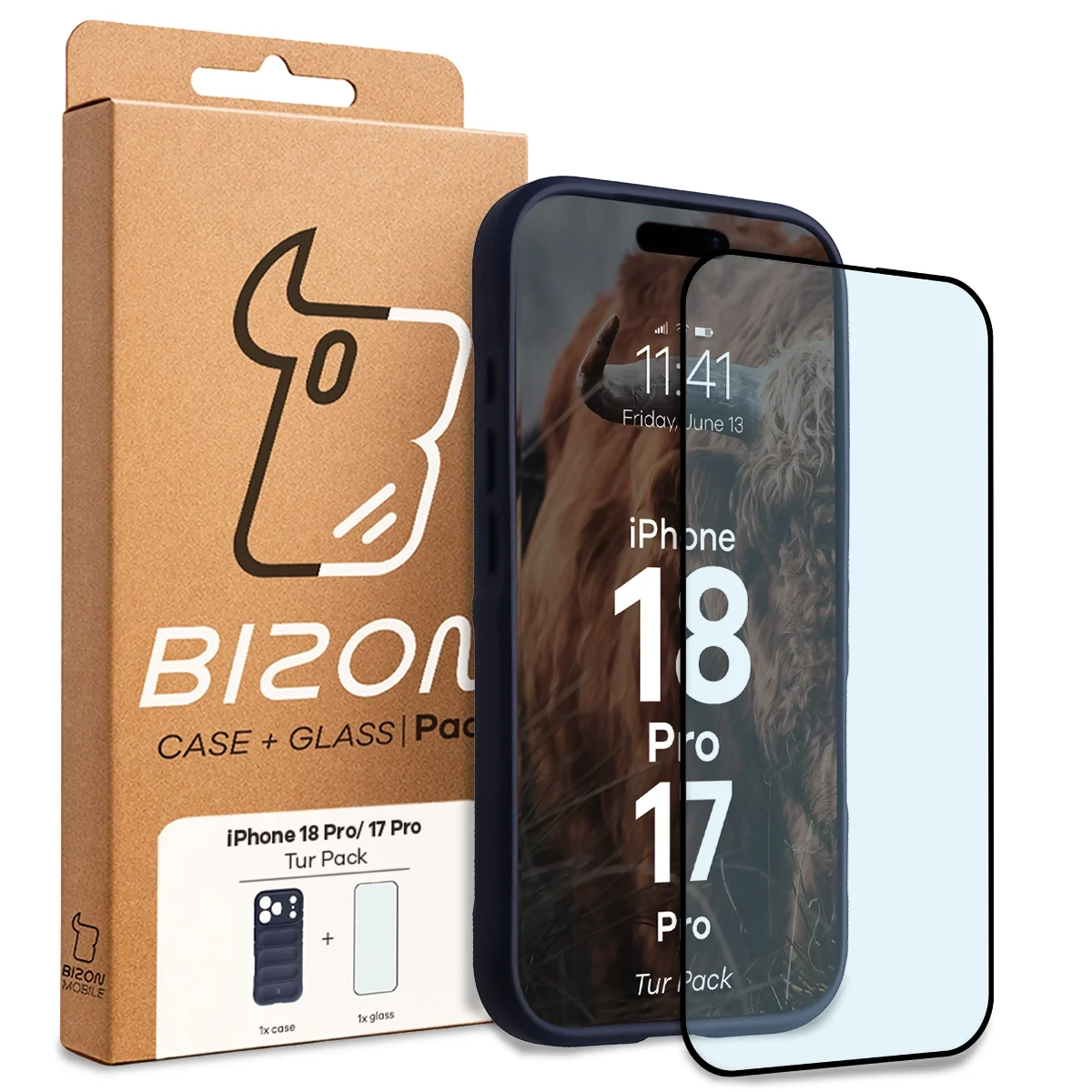 Przód pudełka Bizon Tur Pack z dedykowaną etykietą do Apple iPhone 18 Pro / 17 Pro