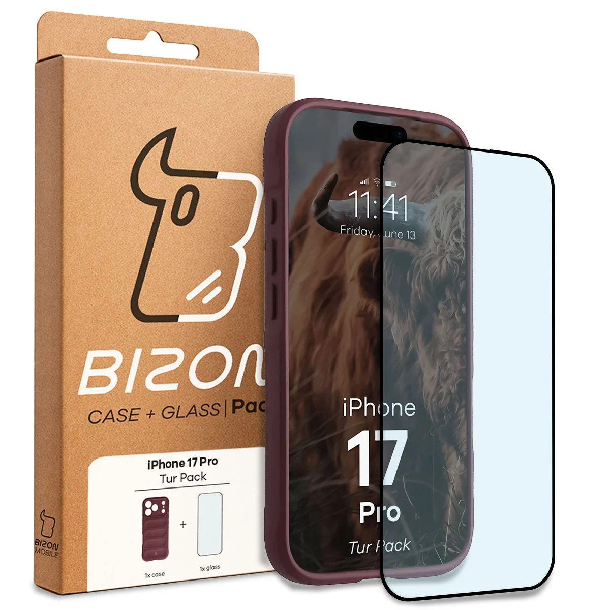 Przód pudełka Bizon Tur Pack z dedykowaną etykietą do Apple iPhone 17 Pro