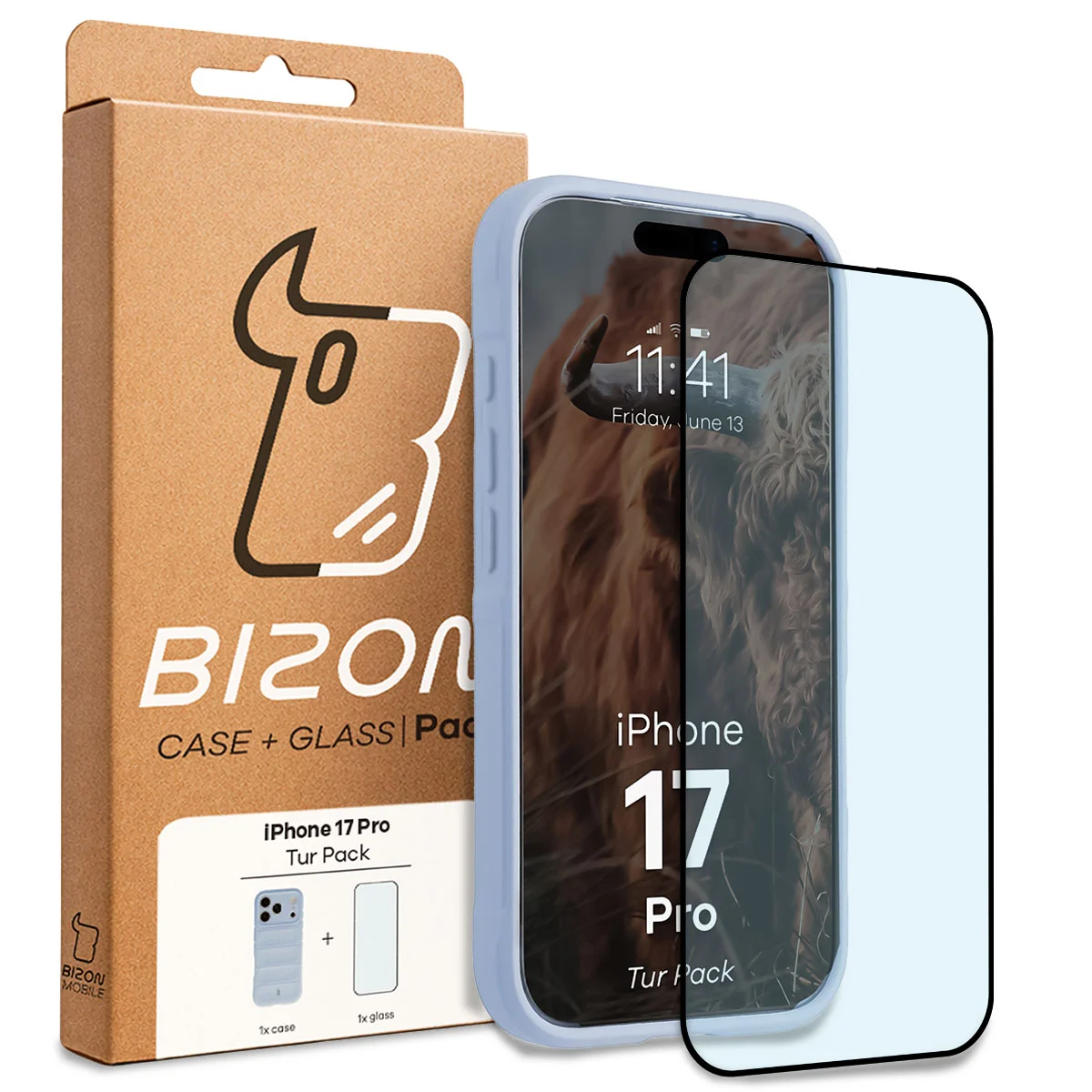 Przód pudełka Bizon Tur Pack z dedykowaną etykietą do Apple iPhone 17 Pro