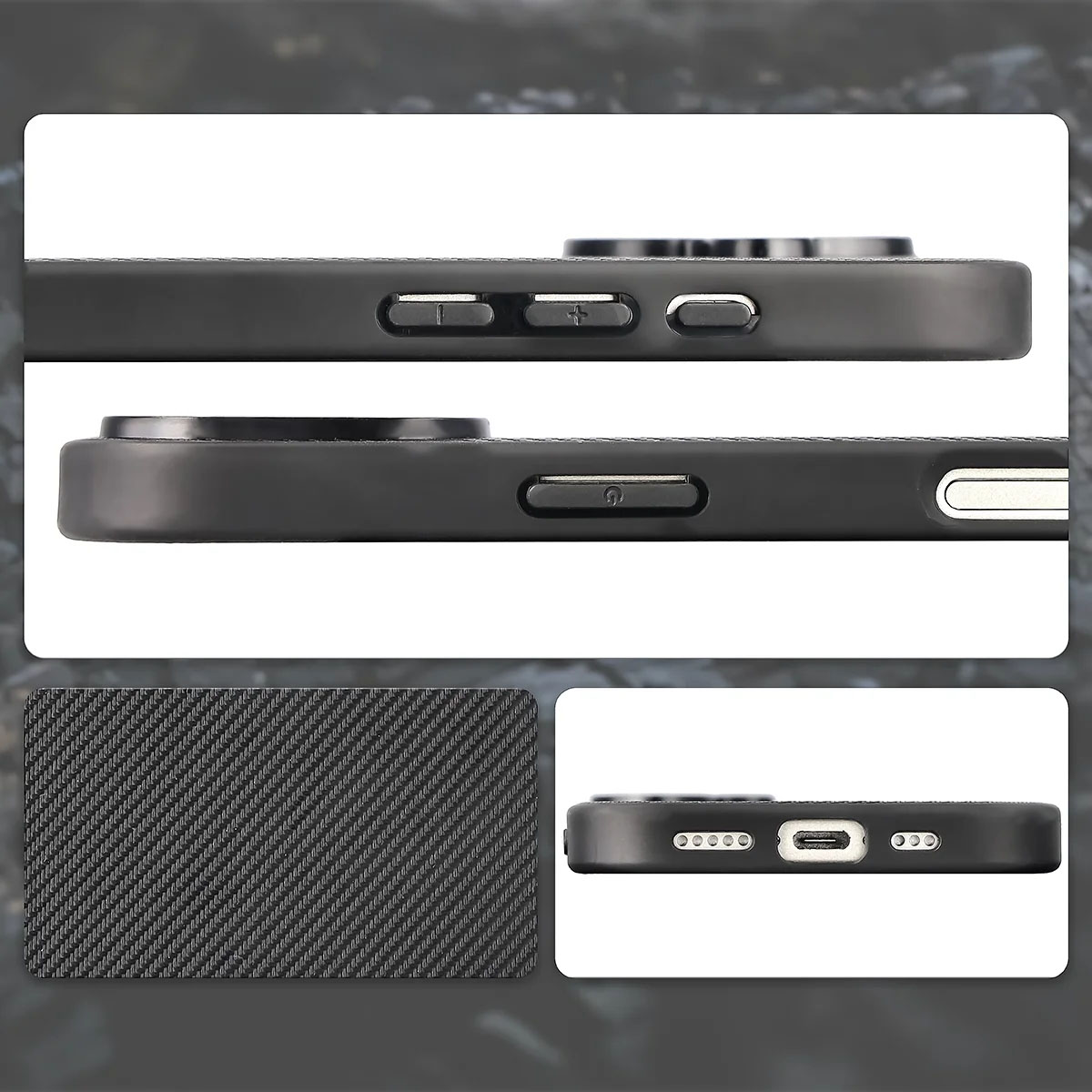 Wycięcia, zintegrowane osłony i struktura etui Bizon Case CarbO do Apple iPhone 17