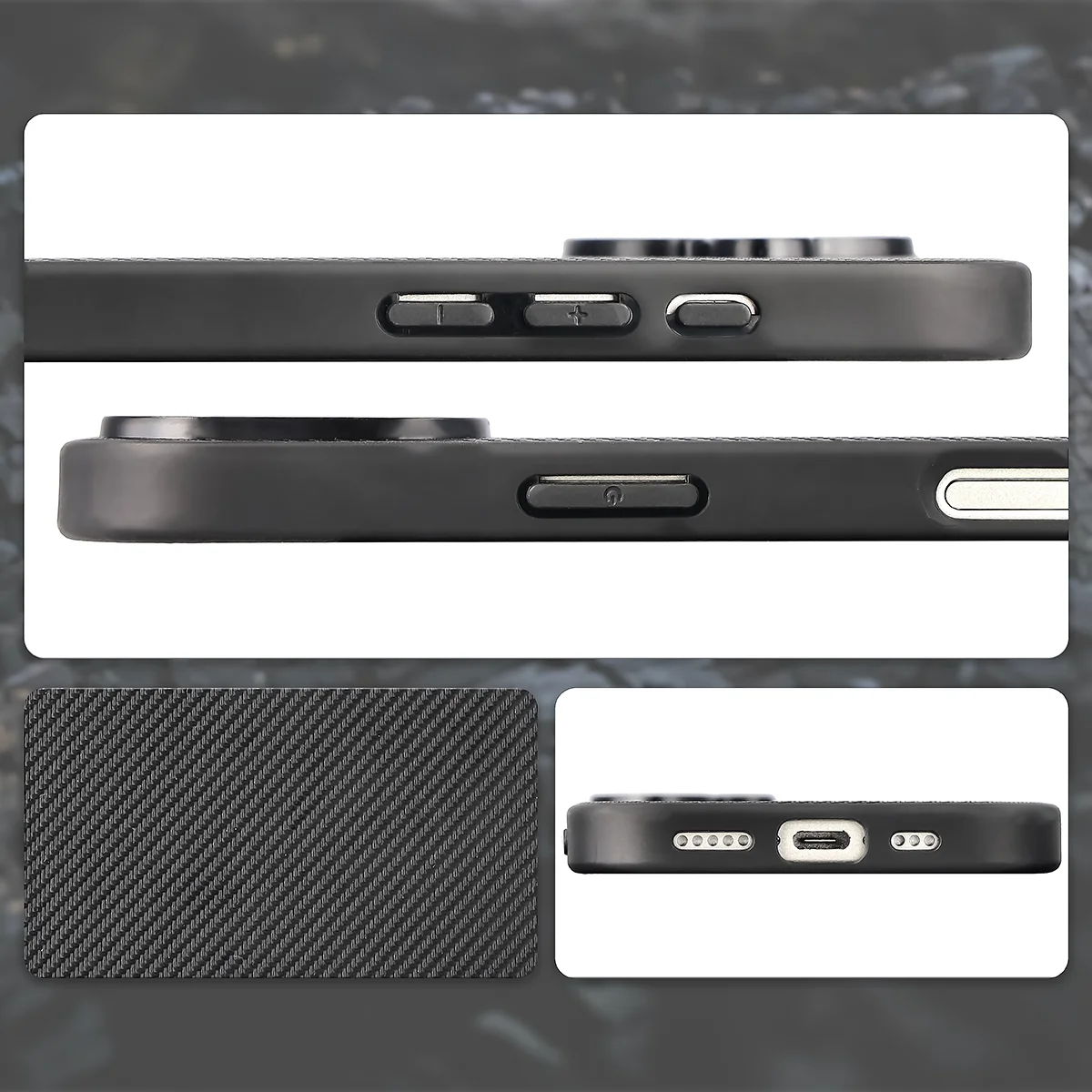 Wycięcia, zintegrowane osłony i struktura etui Bizon Case CarbO do Apple iPhone 17