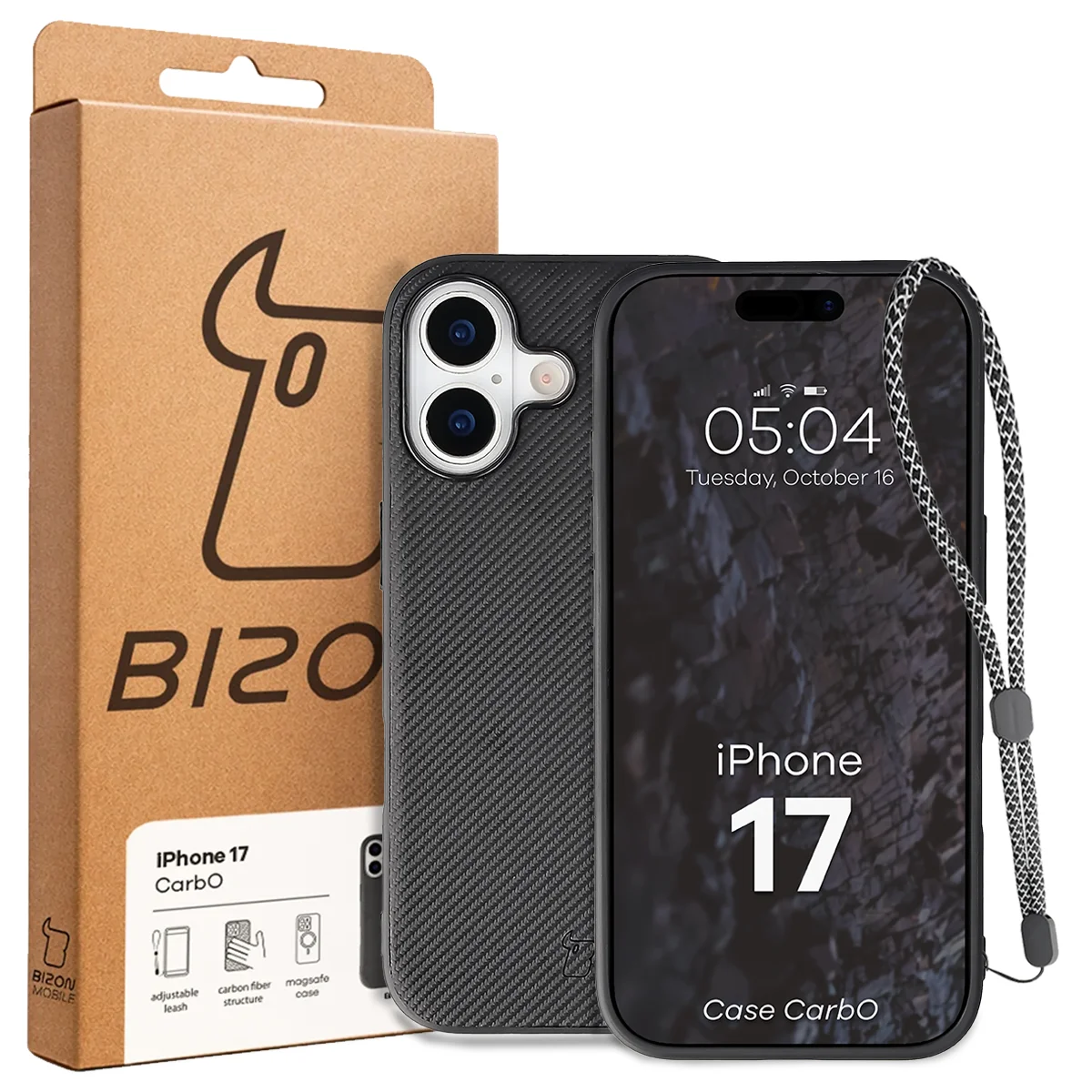 Przód pudełka Bizon Case z dedykowaną etykietą do Apple iPhone 17