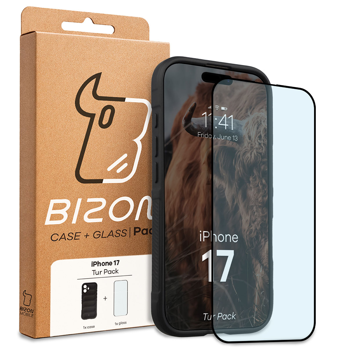 Przód pudełka Bizon Tur Pack z dedykowaną etykietą do Apple iPhone 17