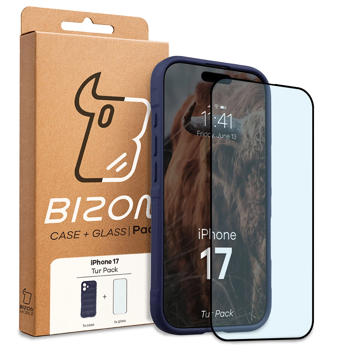 Przód pudełka Bizon Tur Pack z dedykowaną etykietą do Apple iPhone 17