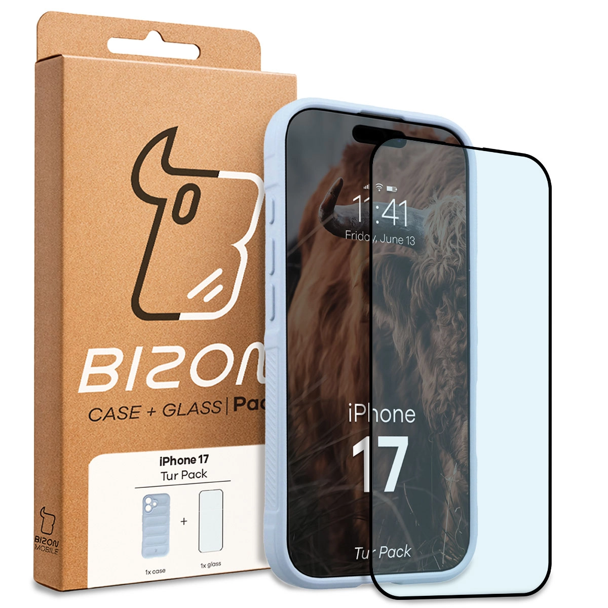Przód pudełka Bizon Tur Pack z dedykowaną etykietą do Apple iPhone 17