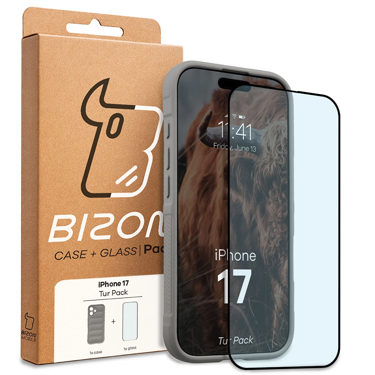Przód pudełka Bizon Tur Pack z dedykowaną etykietą do Apple iPhone 17