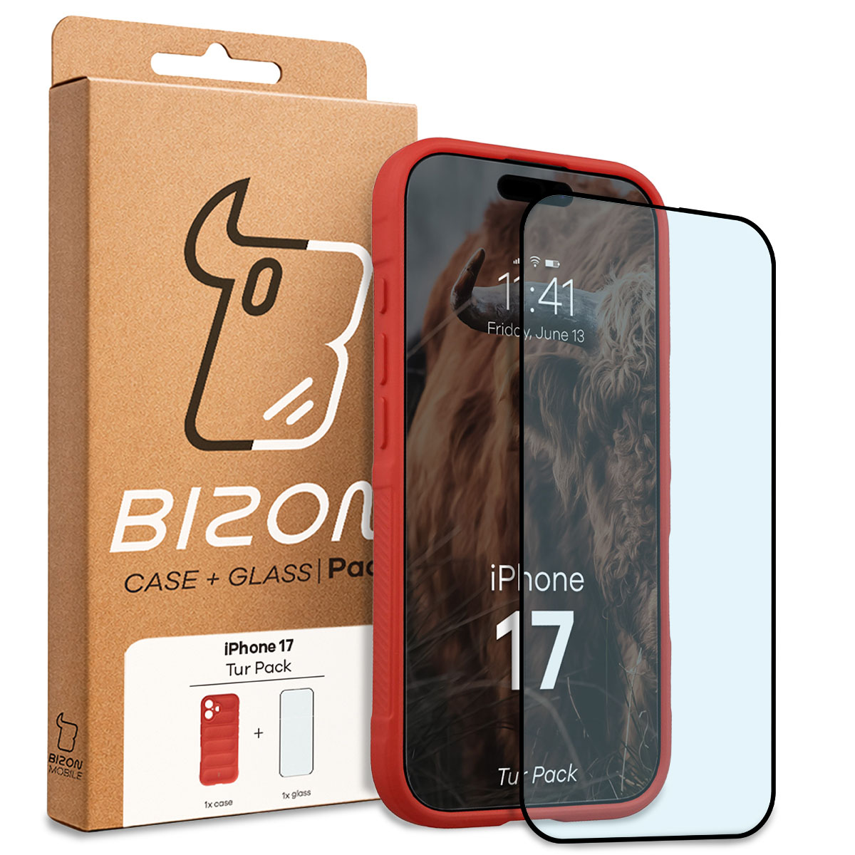 Przód pudełka Bizon Tur Pack z dedykowaną etykietą do Apple iPhone 17