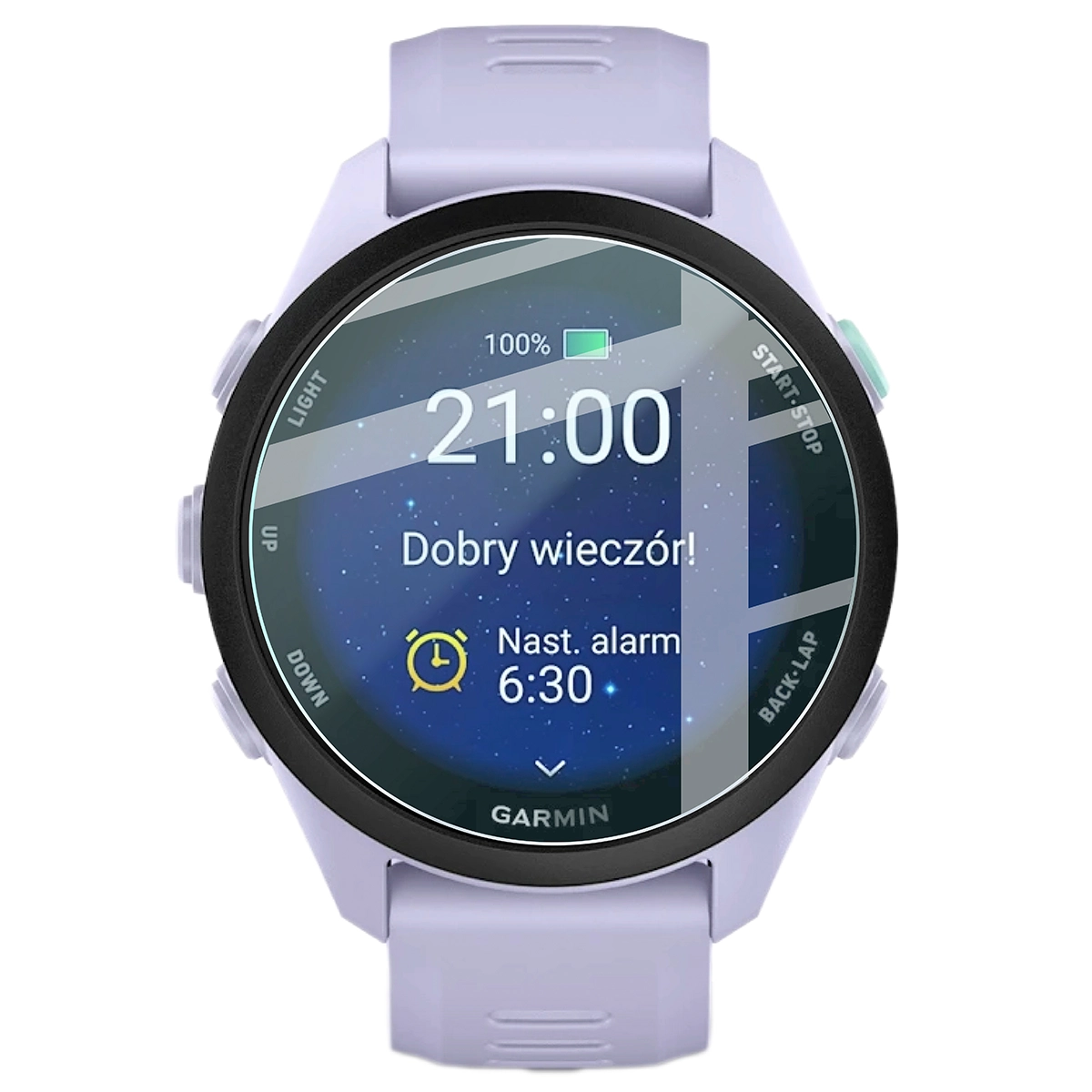 Zegarek i szkło hartowane Bizon Watch Glass Clear zestawione obok siebie do Garmin Forerunner 70 / 170 / 170 Music