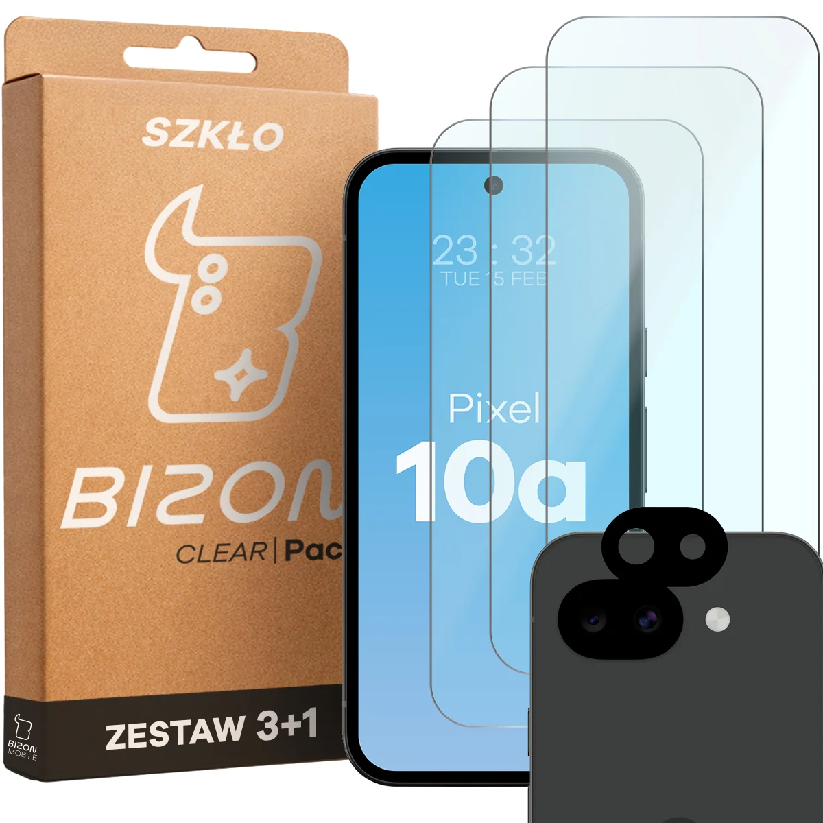 Pudełko i zestaw szkieł do Google Pixel 10a: 3x szkło hartowane i lens